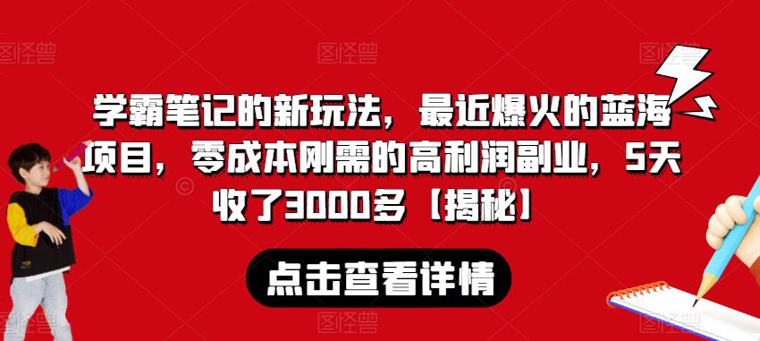 学霸笔记的新玩法，最近爆火的蓝海项目，零成本刚需的高利润副业，5天收了3000多【揭秘】-第一资源库