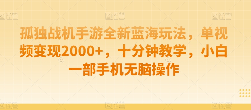 孤独战机手游全新蓝海玩法，单视频变现2000+，十分钟教学，小白一部手机无脑操作【揭秘】-第一资源库