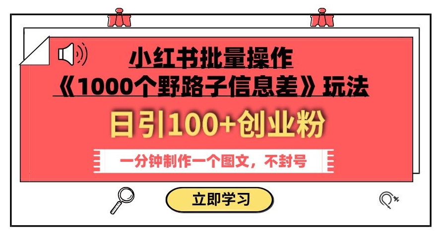 小红书批量操作《1000个野路子信息差》玩法，一分钟制作一个图文，不封号，日引100+创业粉-第一资源库