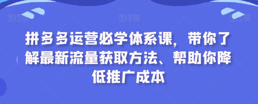 拼多多运营必学体系课，带你了解最新流量获取方法、帮助你降低推广成本-第一资源库