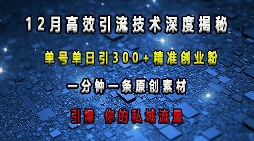 最新高效引流技术深度揭秘 ，单号单日引300+精准创业粉，一分钟一条原创素材，引爆你的私域流量-第一资源库